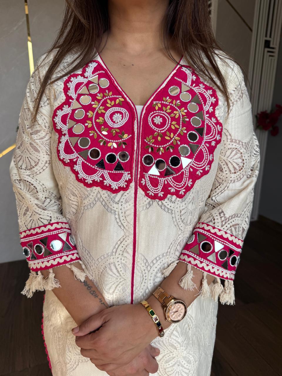 Cotton crochet mirror work co-ord set