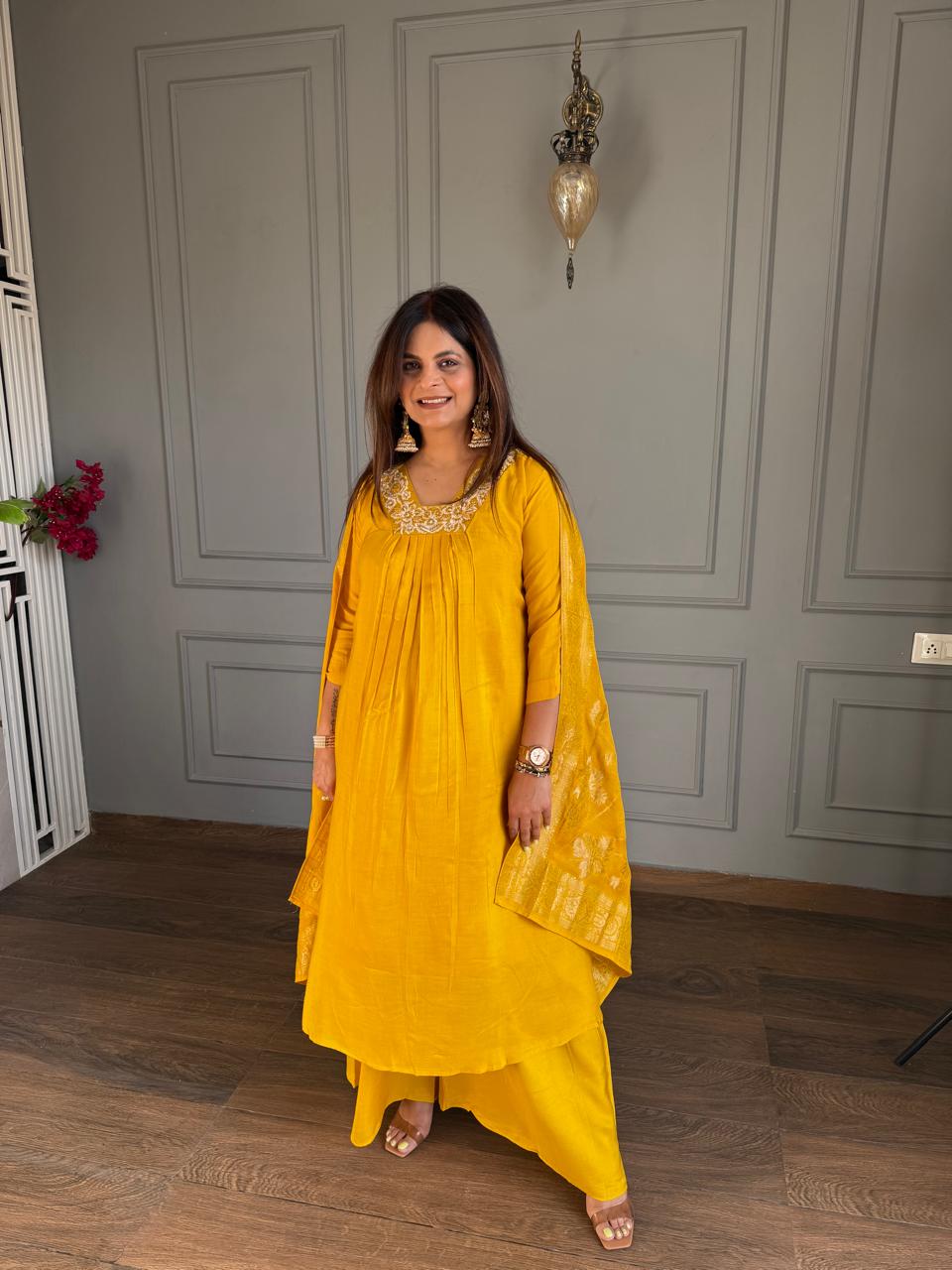 PURE CREPE A LINE SUITS WITH BANARASI DUPATTA