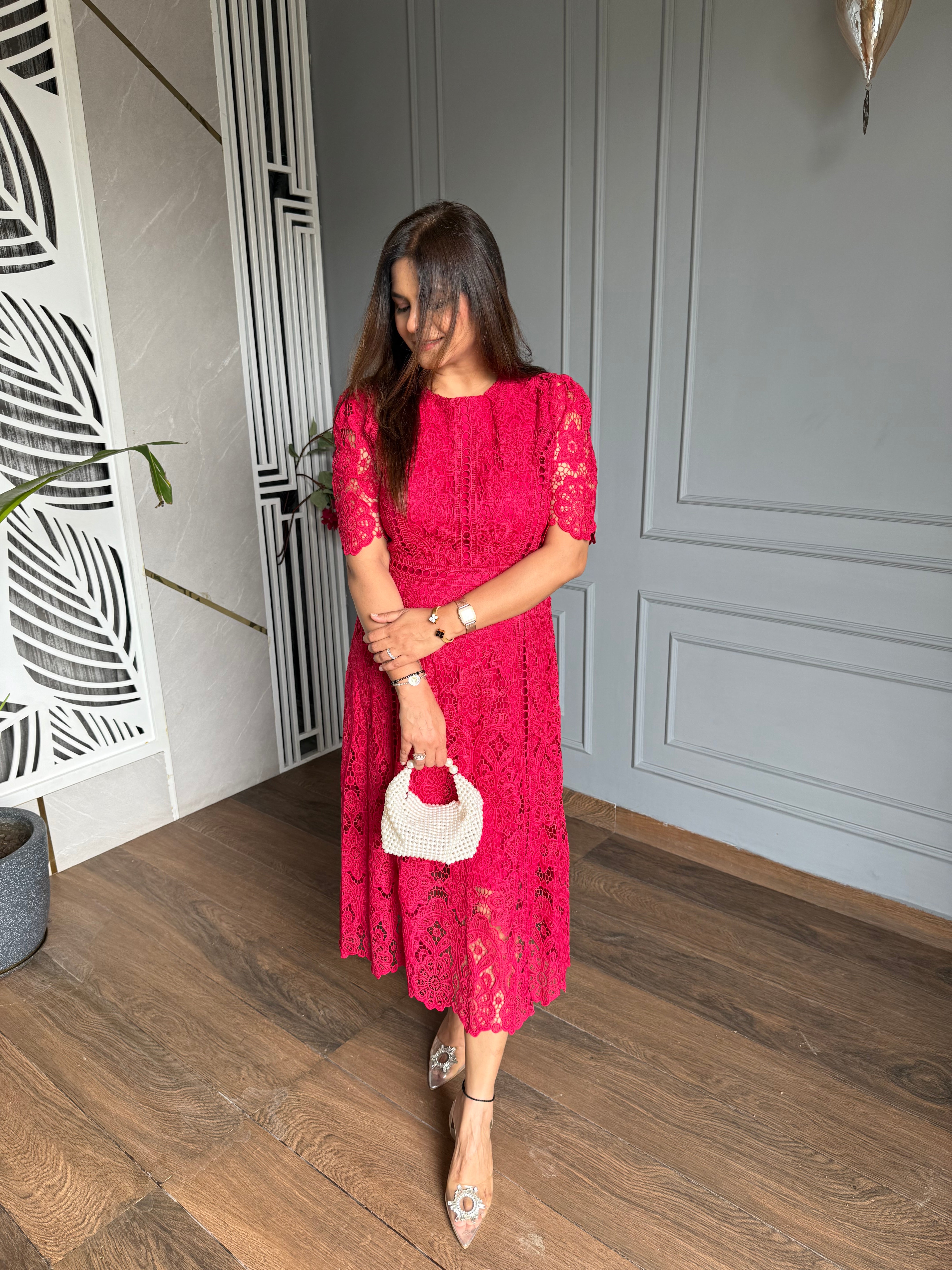 Cotton crochet calf length dress (Love)