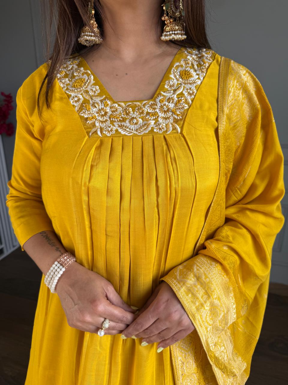 PURE CREPE A LINE SUITS WITH BANARASI DUPATTA