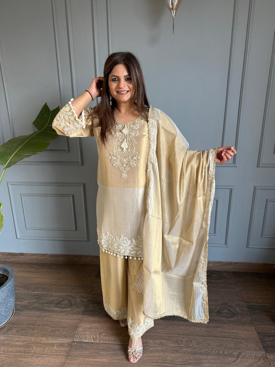 Pure tissue suit with complete handwork with tissue dupatta (Aanya)