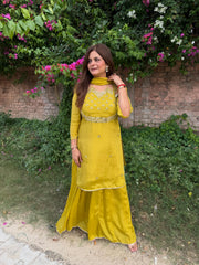 Beautiful hand embroidery mirror work sharara suit in pure chinnon (Sneha)