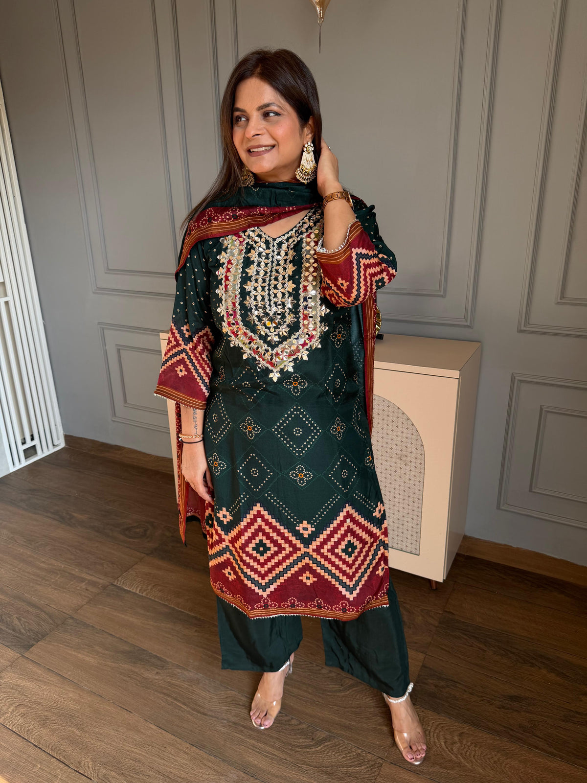 Beautiful bandhani print 3 piece suit in crepe fabric (Naureen)