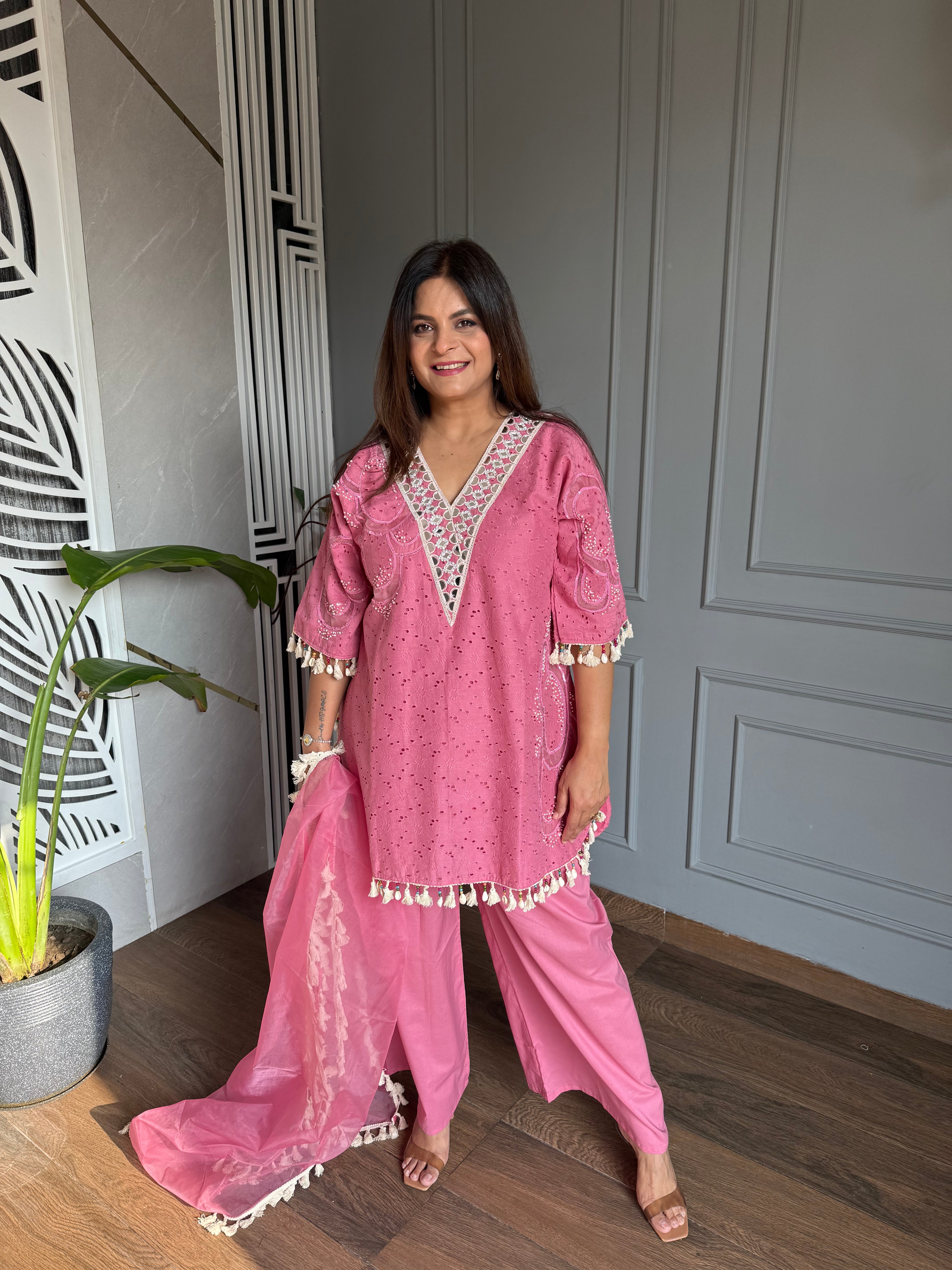 Cotton embroided co-ord set with mirror work and lining on shirt (Gulaab)