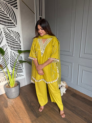 Cotton embroided co-ord set with mirror work and lining on shirt (Gulaab)