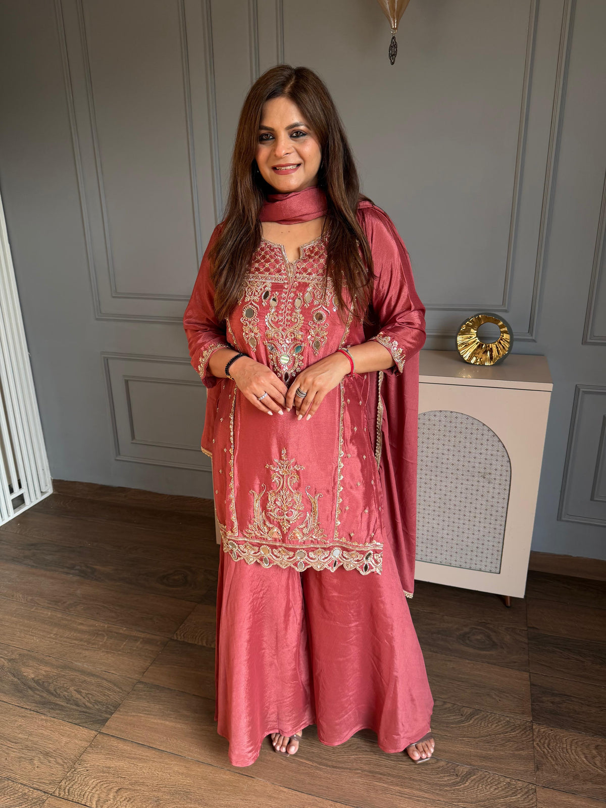Beautiful real mirror detailing hand work suit with lining (Adah)