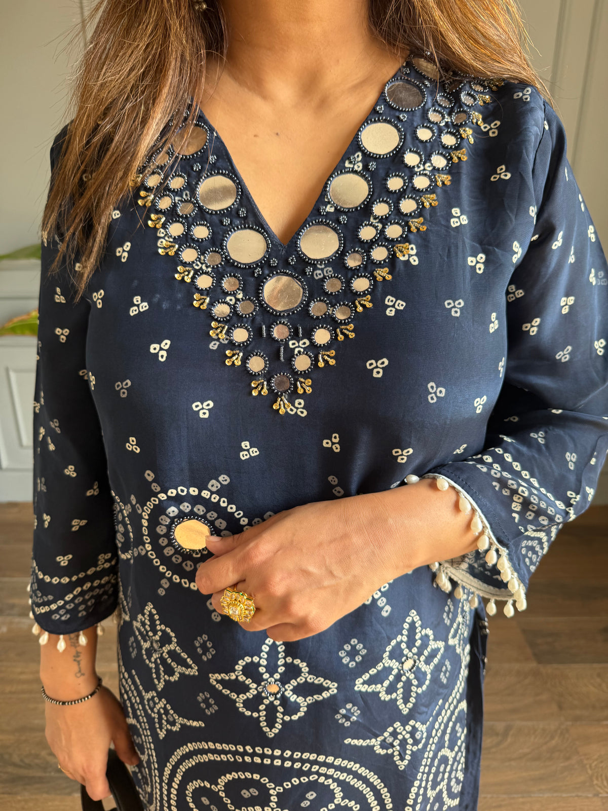 Mirror work natural crepe co-ord set (Avni)