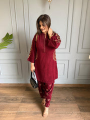 2 Piece woollen embroided side pocket embroidered co-ord set (Neelam)