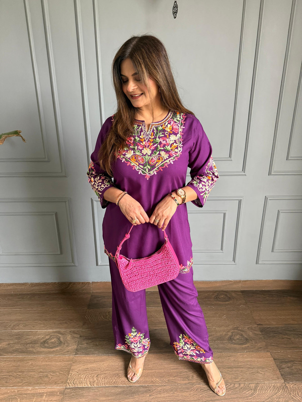 Kashmiri embroidered summer cotton rayon co-ord set (Sofia)