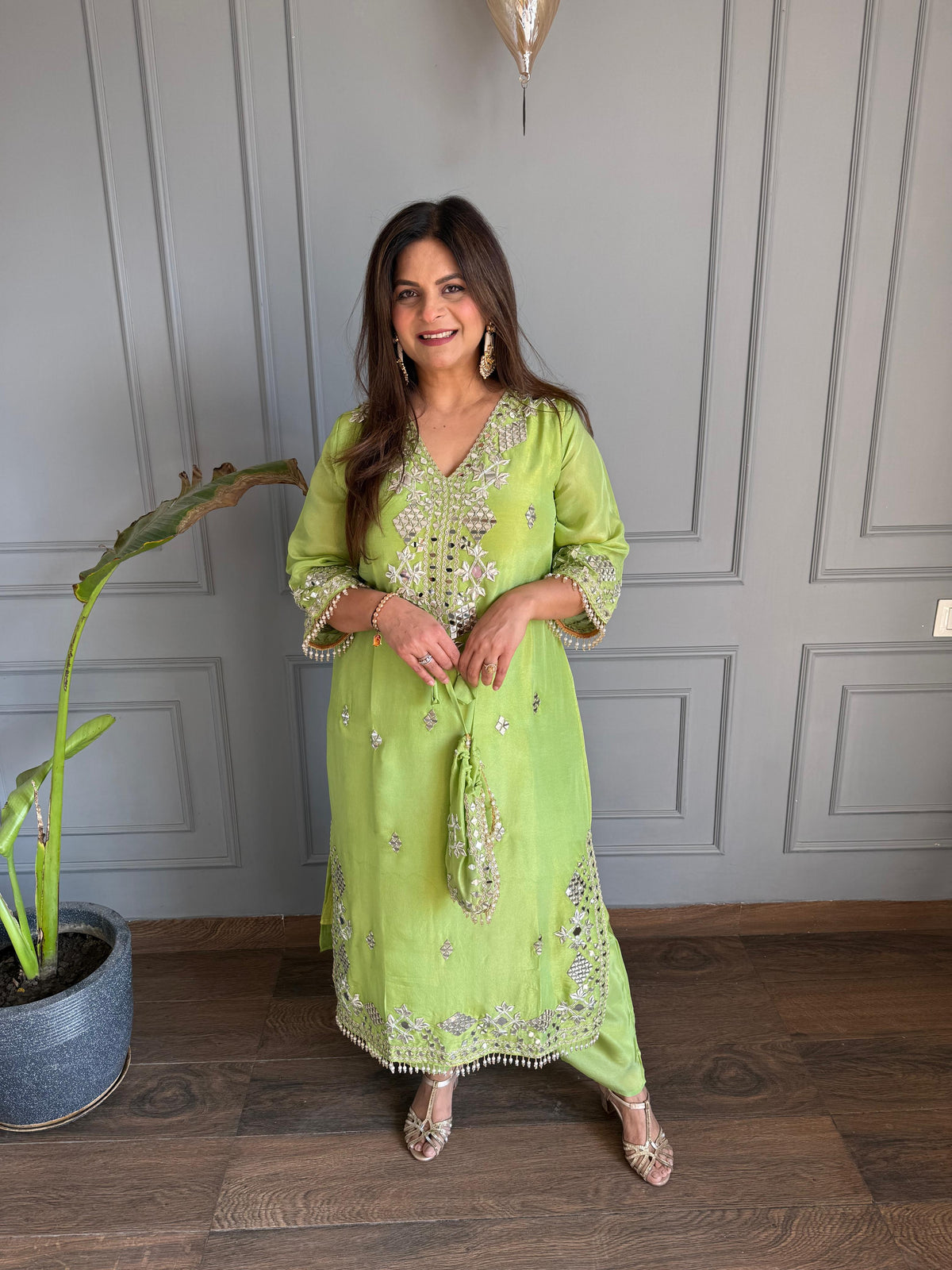 New tissue long co-ord set with cotton lining and with potli (Kimara))