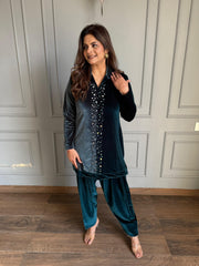 Silky velvet mirror hand work dual coloured co-ord set (Peacock)