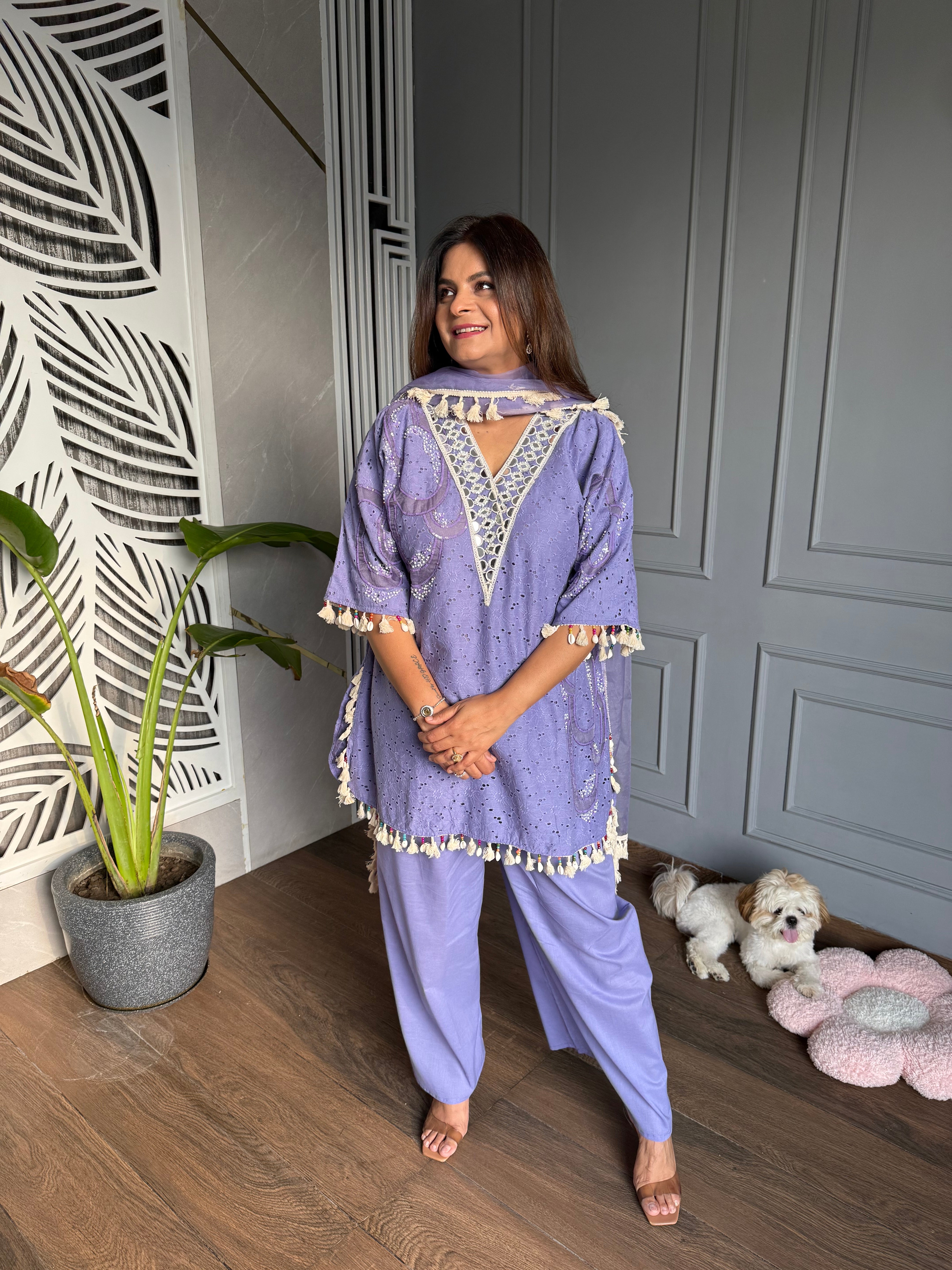 Cotton embroided co-ord set with mirror work and lining on shirt (Gulaab)