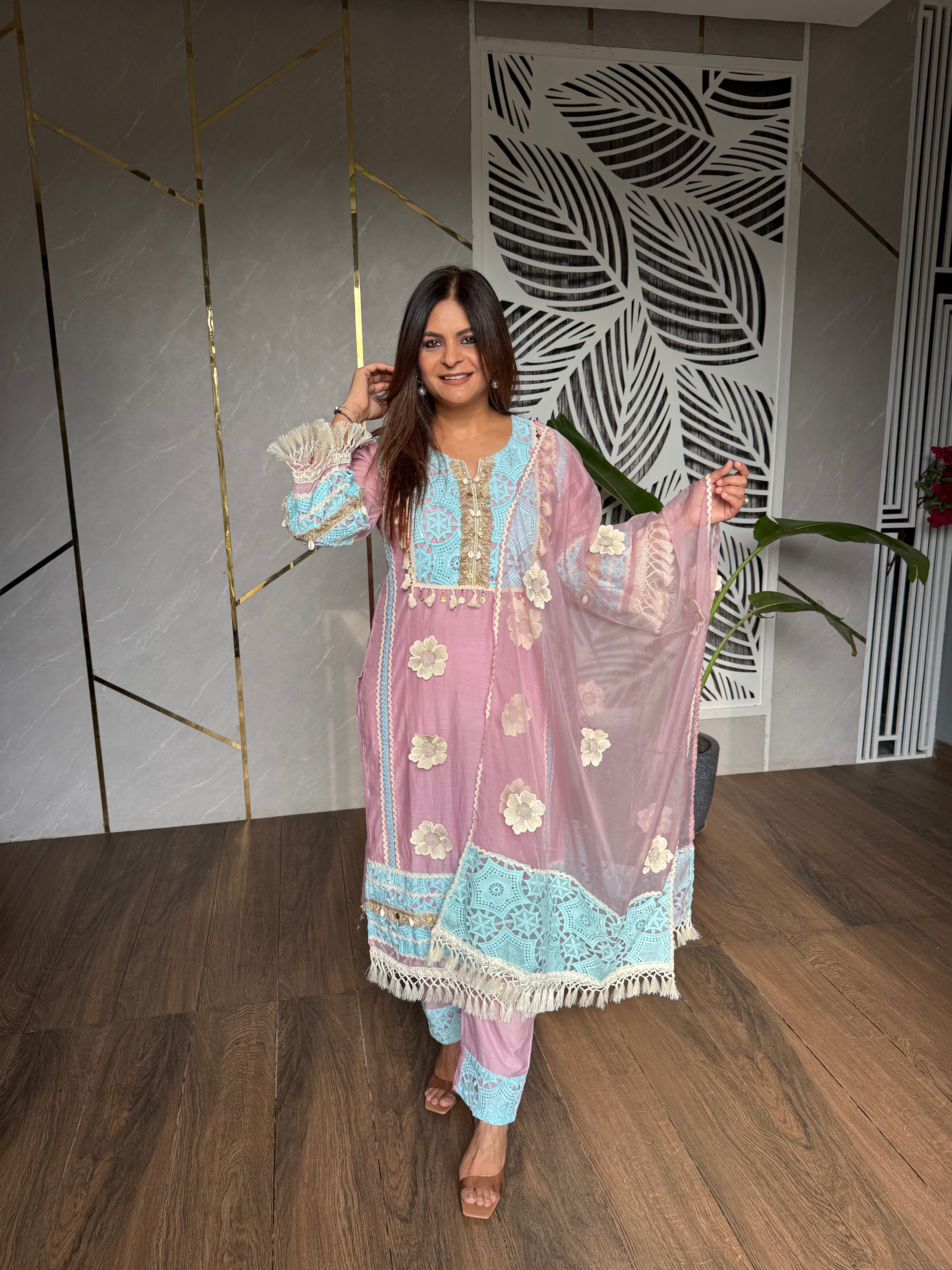 Mul chanderi embroided suit