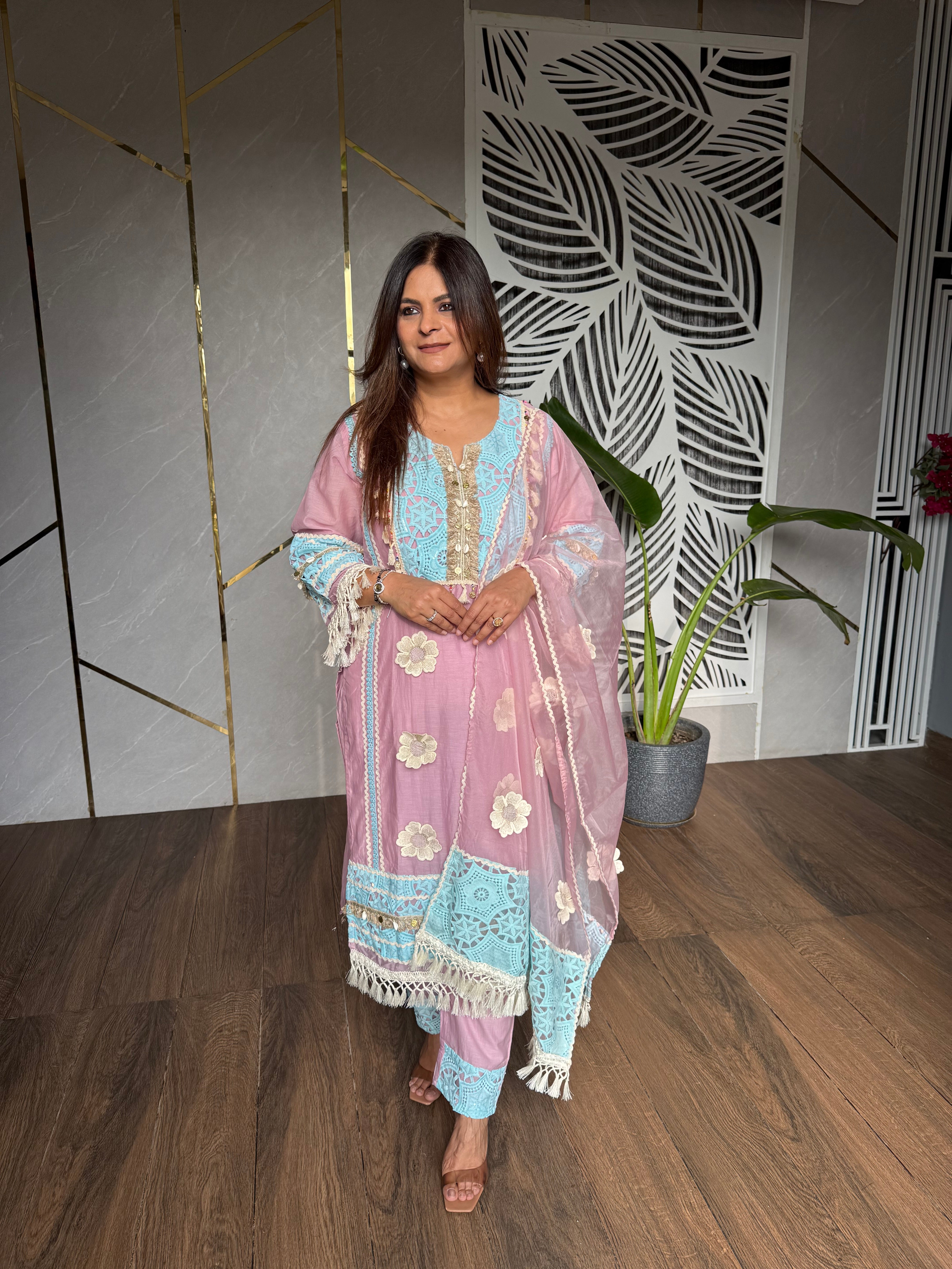 Mul chanderi embroided suit