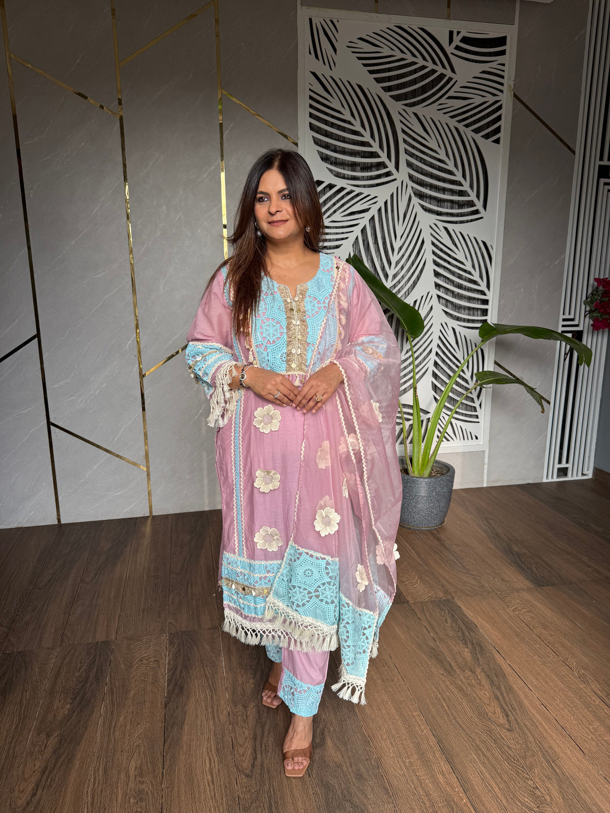 Mul chanderi embroided suit