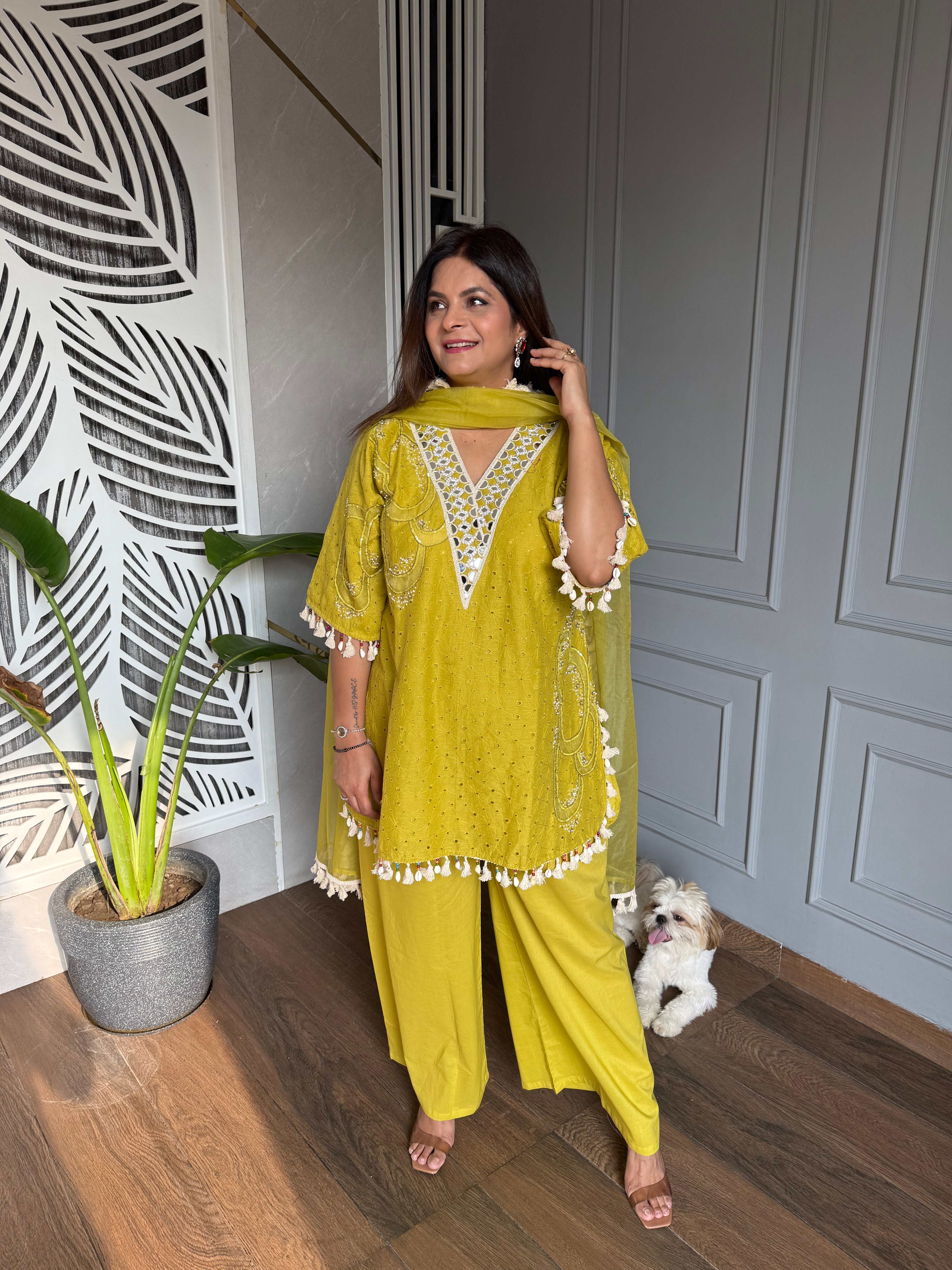Cotton embroided co-ord set with mirror work and lining on shirt (Gulaab)