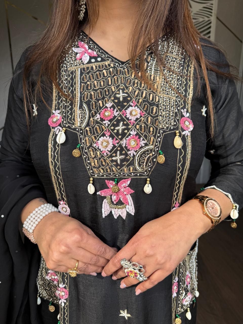 Hand embroided cotton silk suit