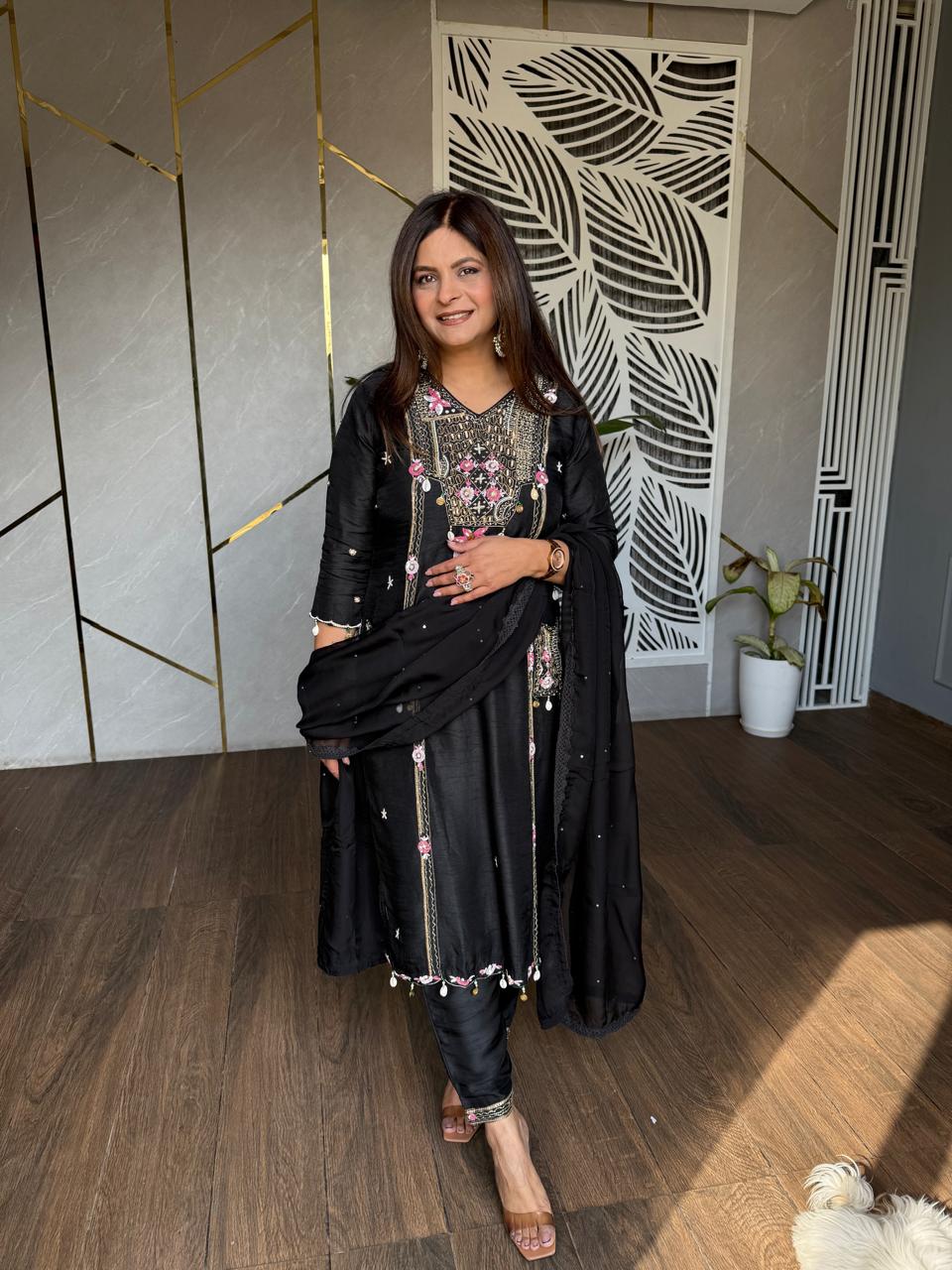 Hand embroided cotton silk suit