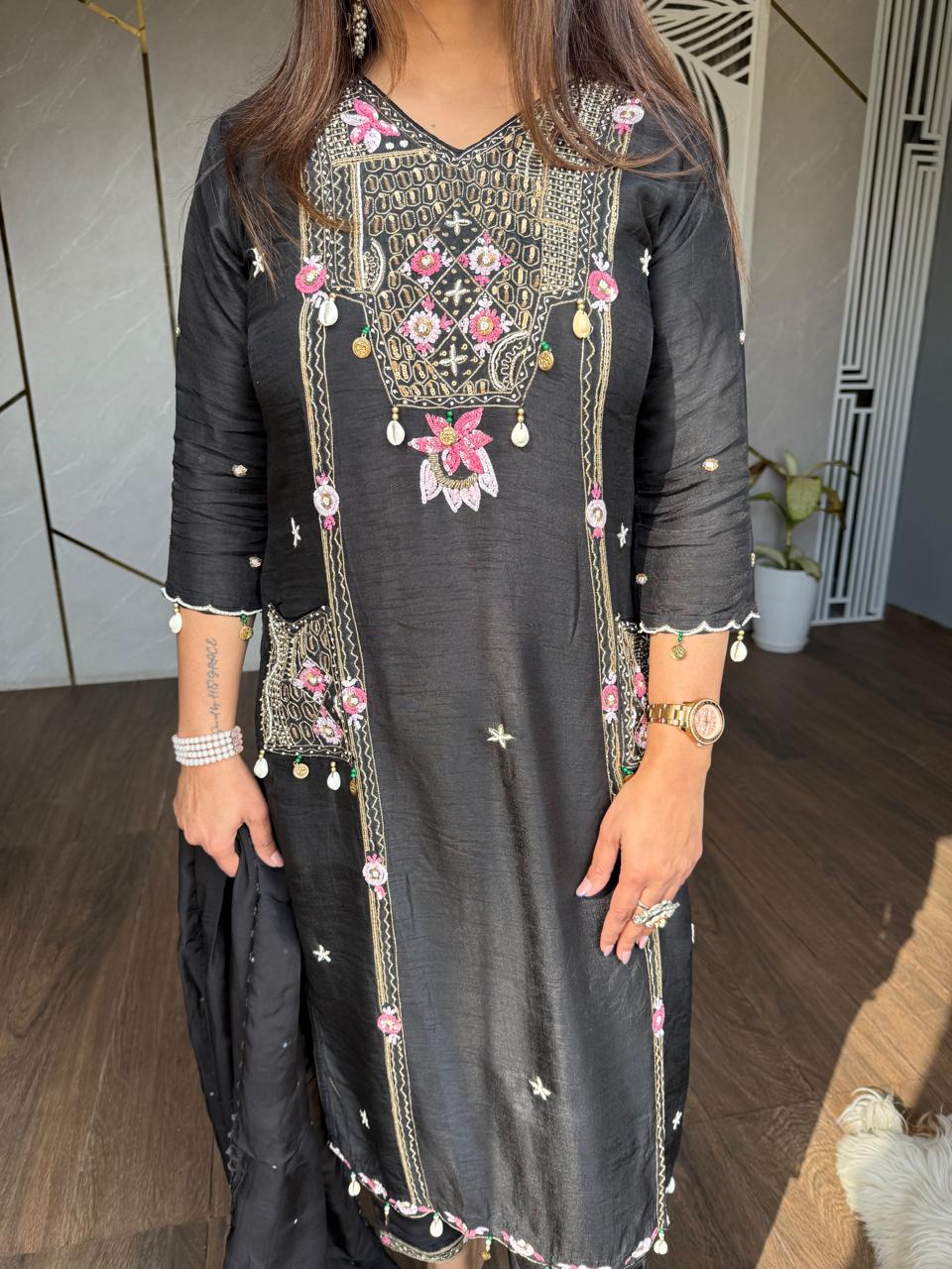 Hand embroided cotton silk suit
