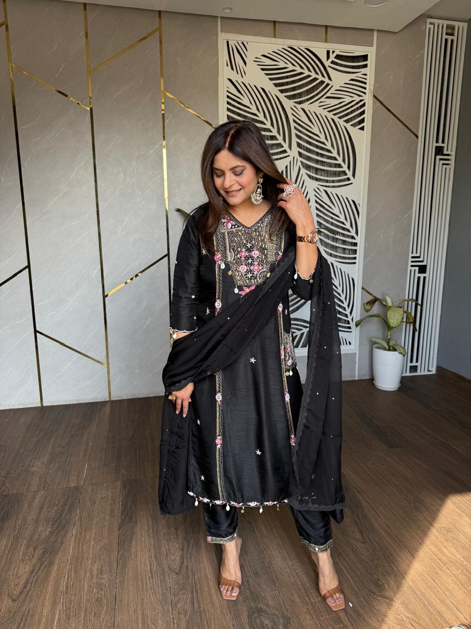 Hand embroided cotton silk suit