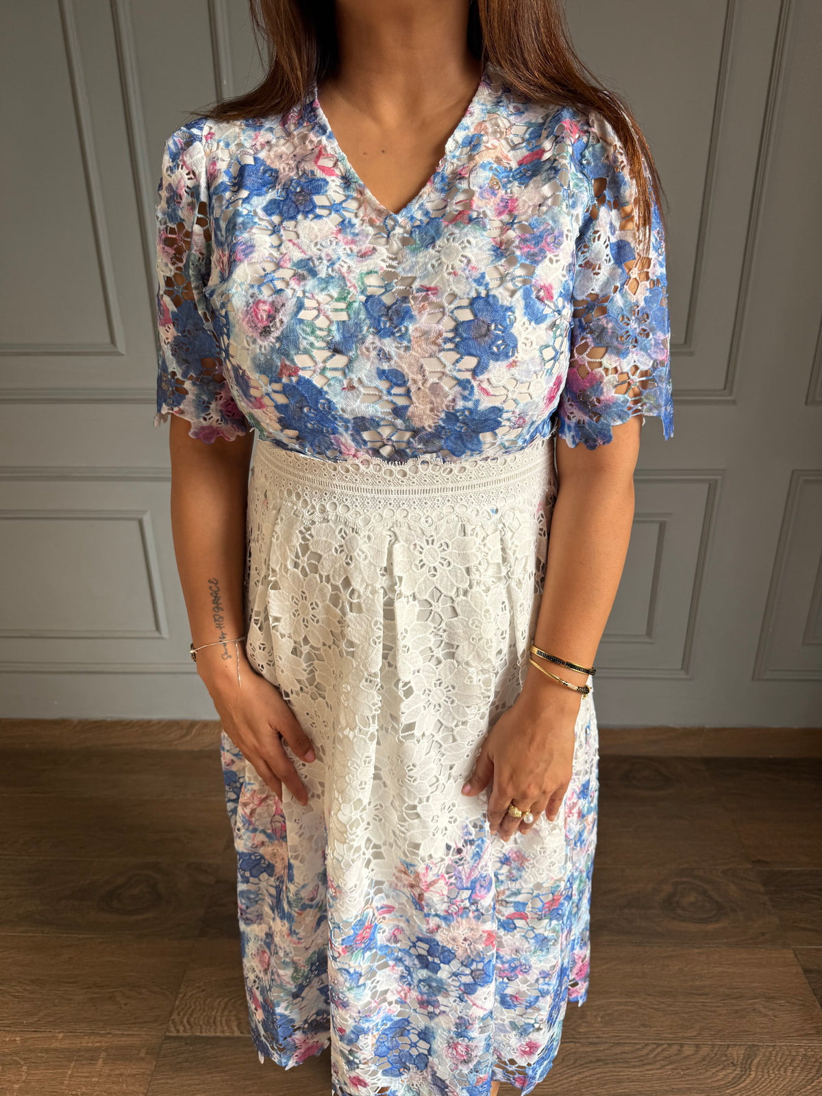 Cotton crochet calf length dress (Galaxy)