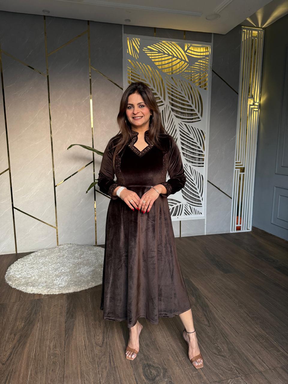 VELVET EMBROIDED CALF LENGTH DRESS