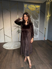 VELVET EMBROIDED CALF LENGTH DRESS