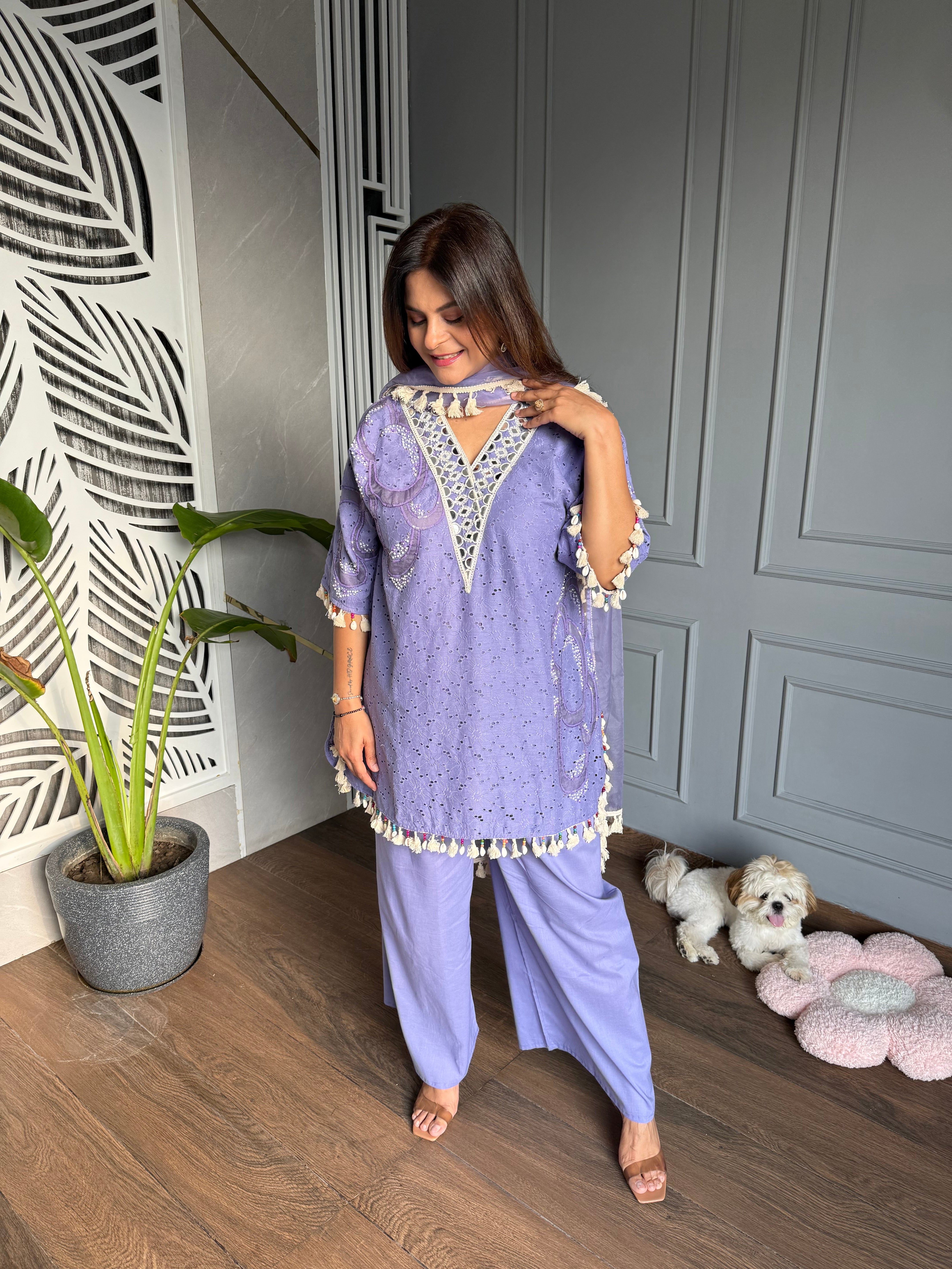 Cotton embroided co-ord set with mirror work and lining on shirt (Gulaab)