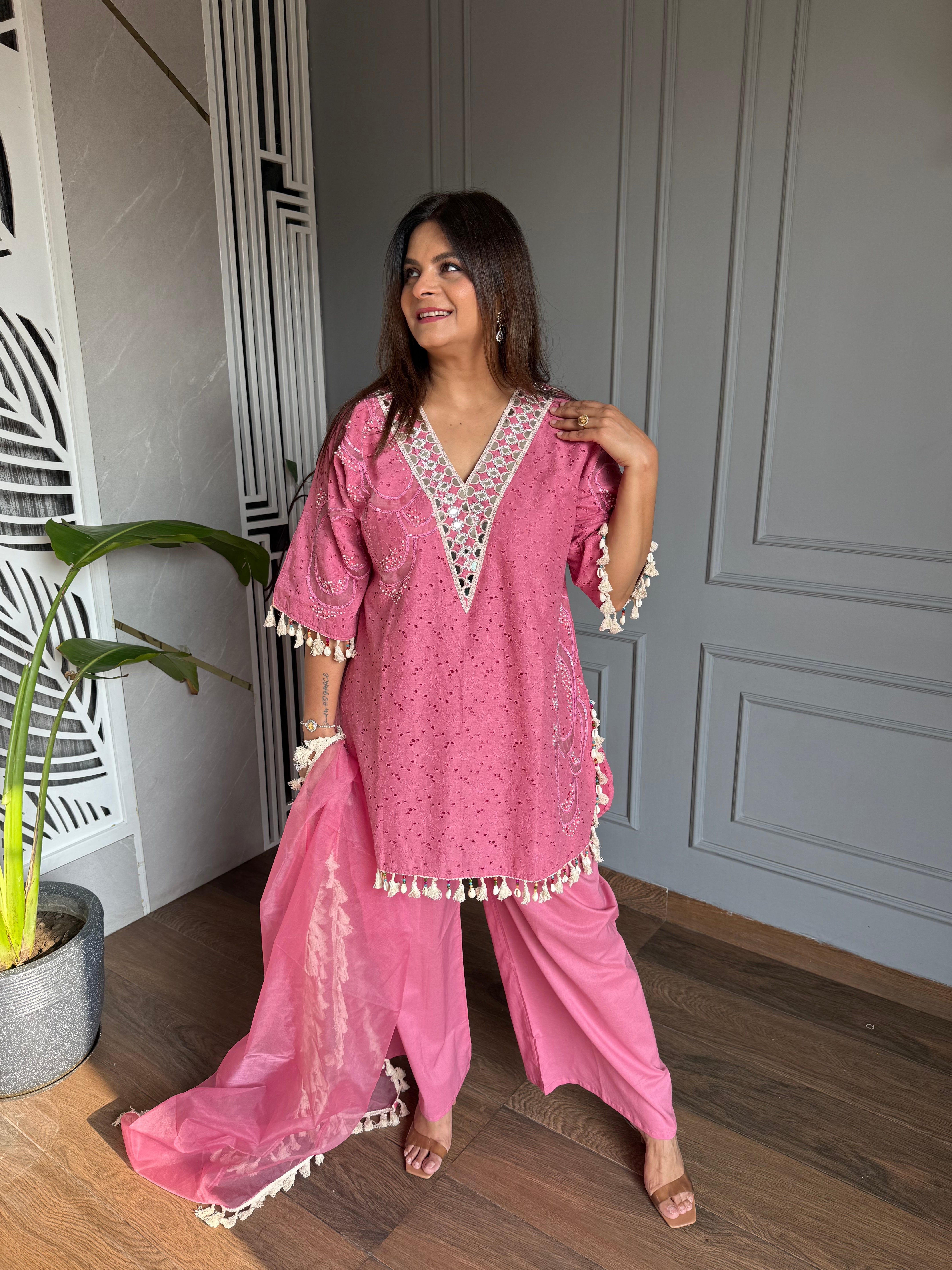 Cotton embroided co-ord set with mirror work and lining on shirt (Gulaab)