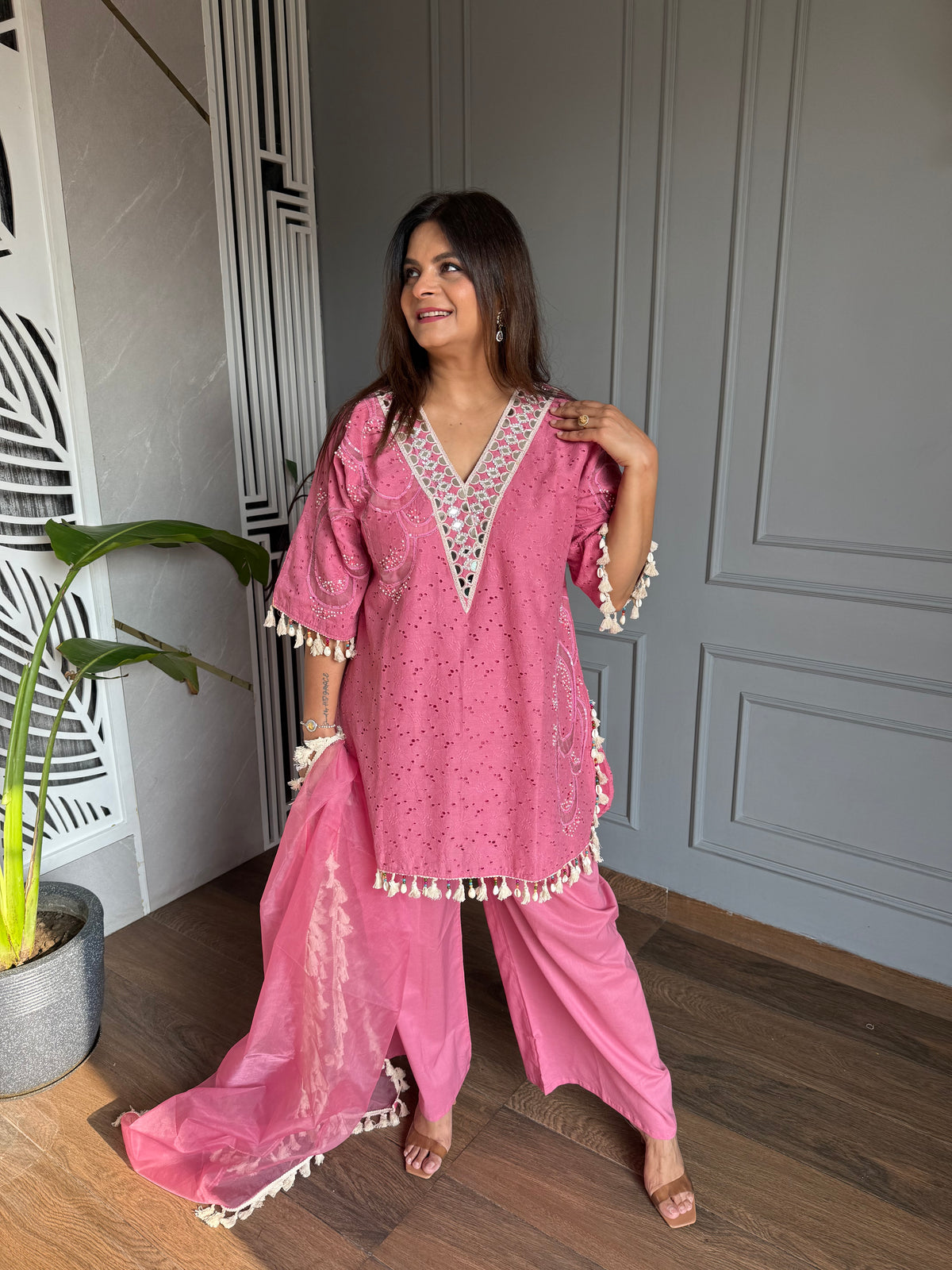 Cotton embroided co-ord set with mirror work and lining on shirt (Gulaab)