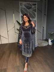 SHIMMER VELVET NECK EMBROIDERY SHAWL SUIT