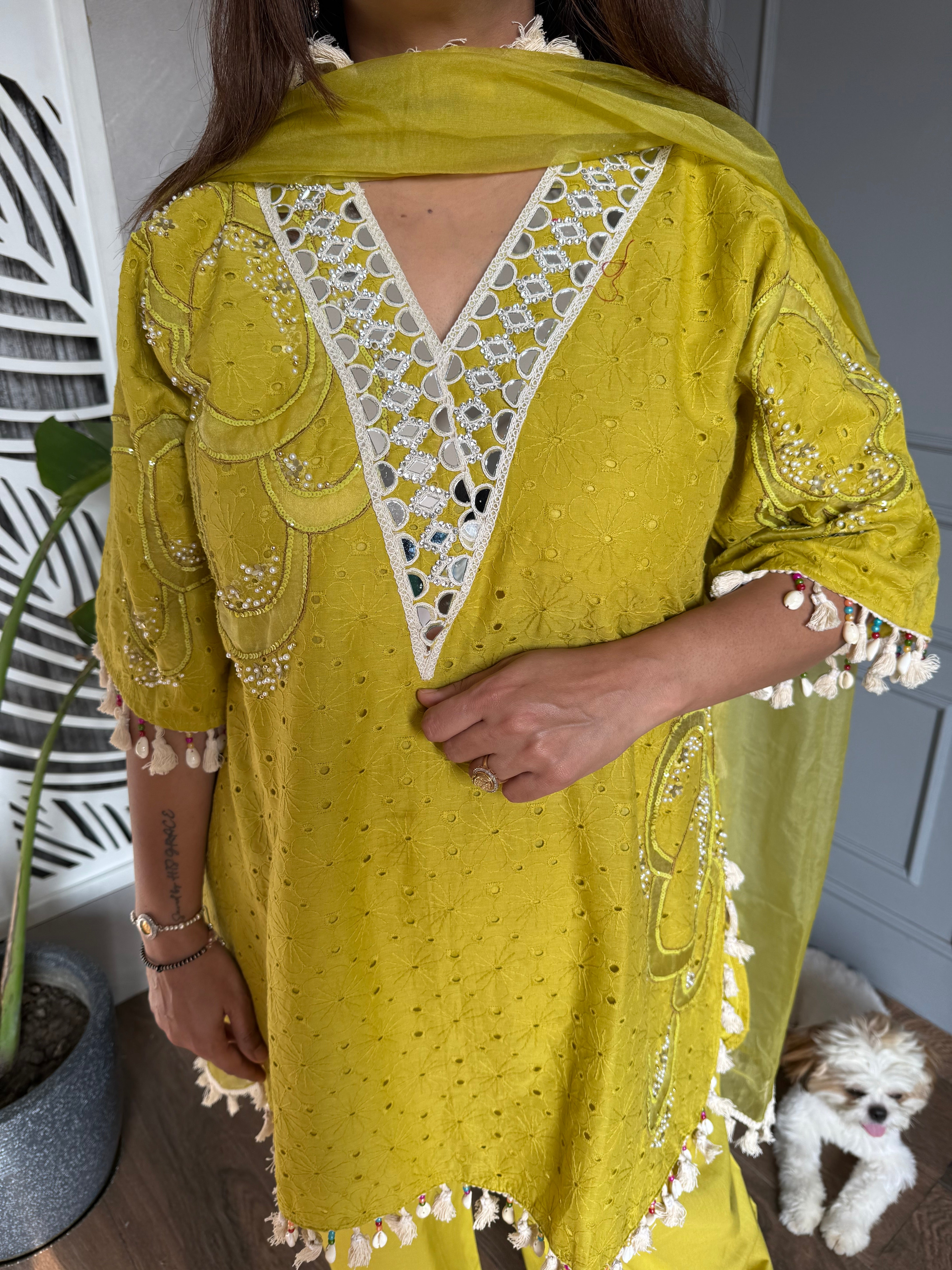 Cotton embroided co-ord set with mirror work and lining on shirt (Gulaab)