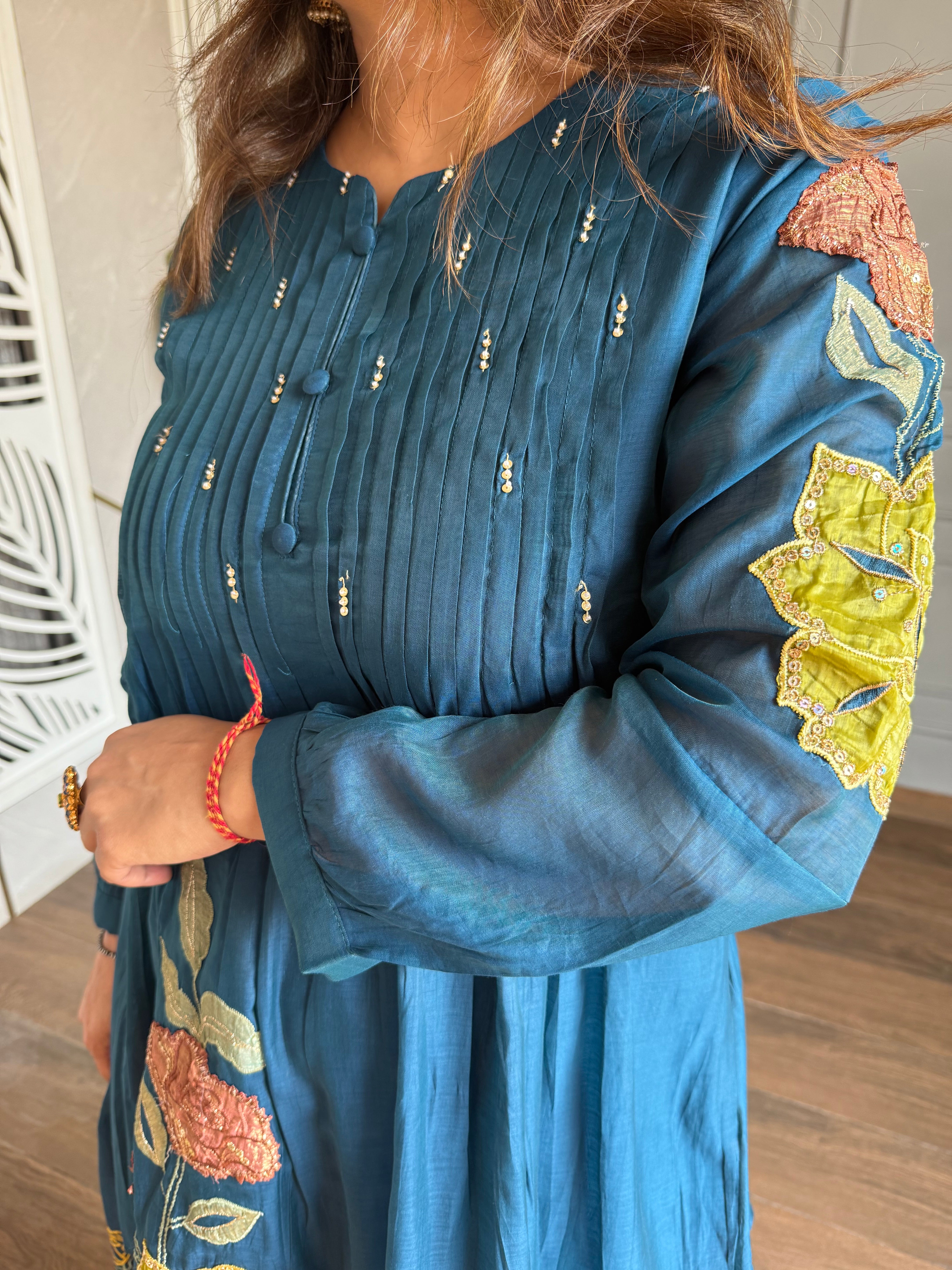 Beautiful chanderi cotton embroidered suit with full lining (Neelam)