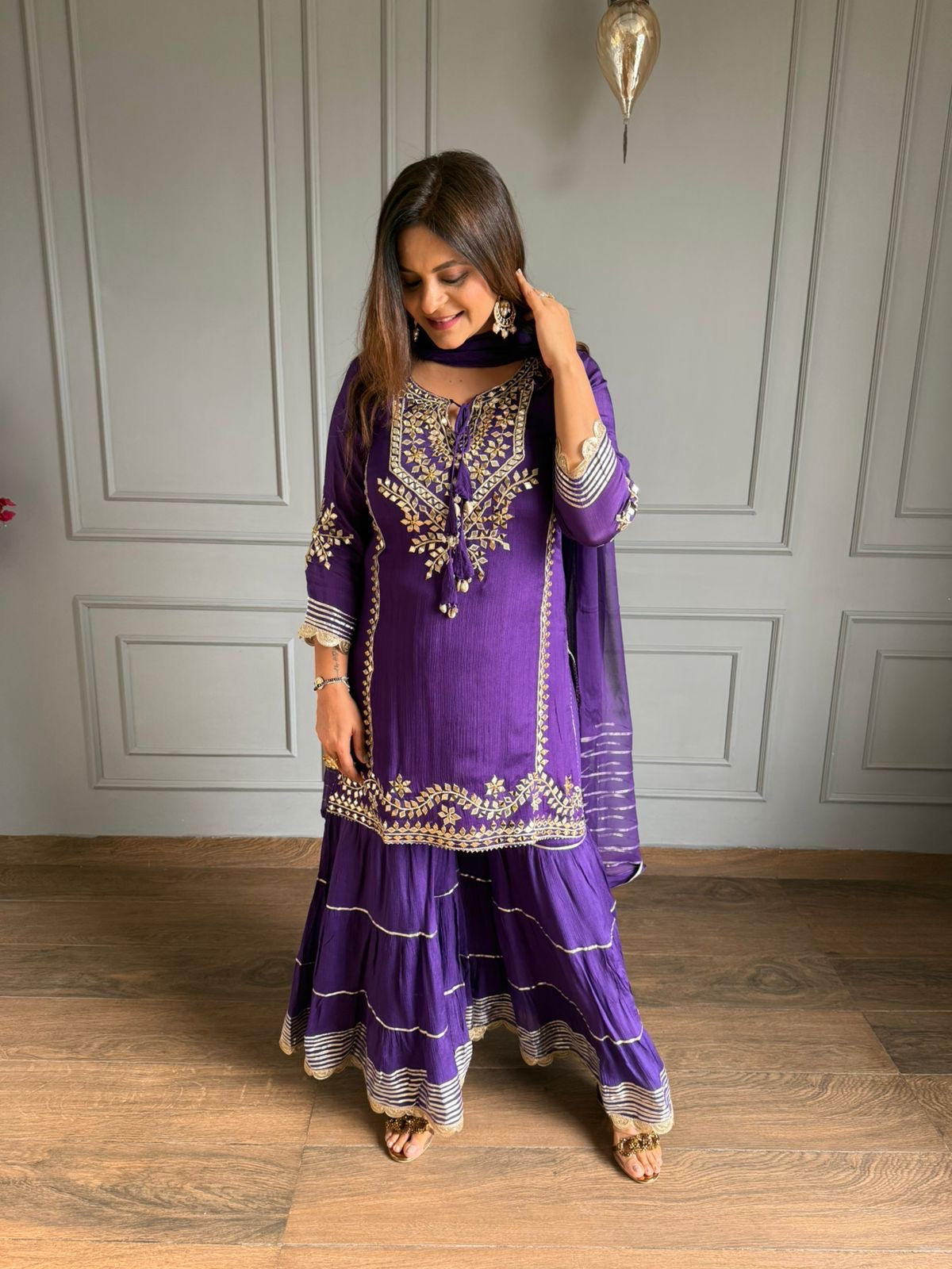 Pure chinnon hand work mirror grara suit with full chiffon dupatta (ishq)