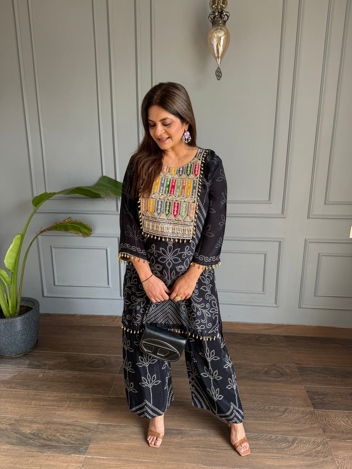 Mirror work natural crepe co-ord set (Avni)