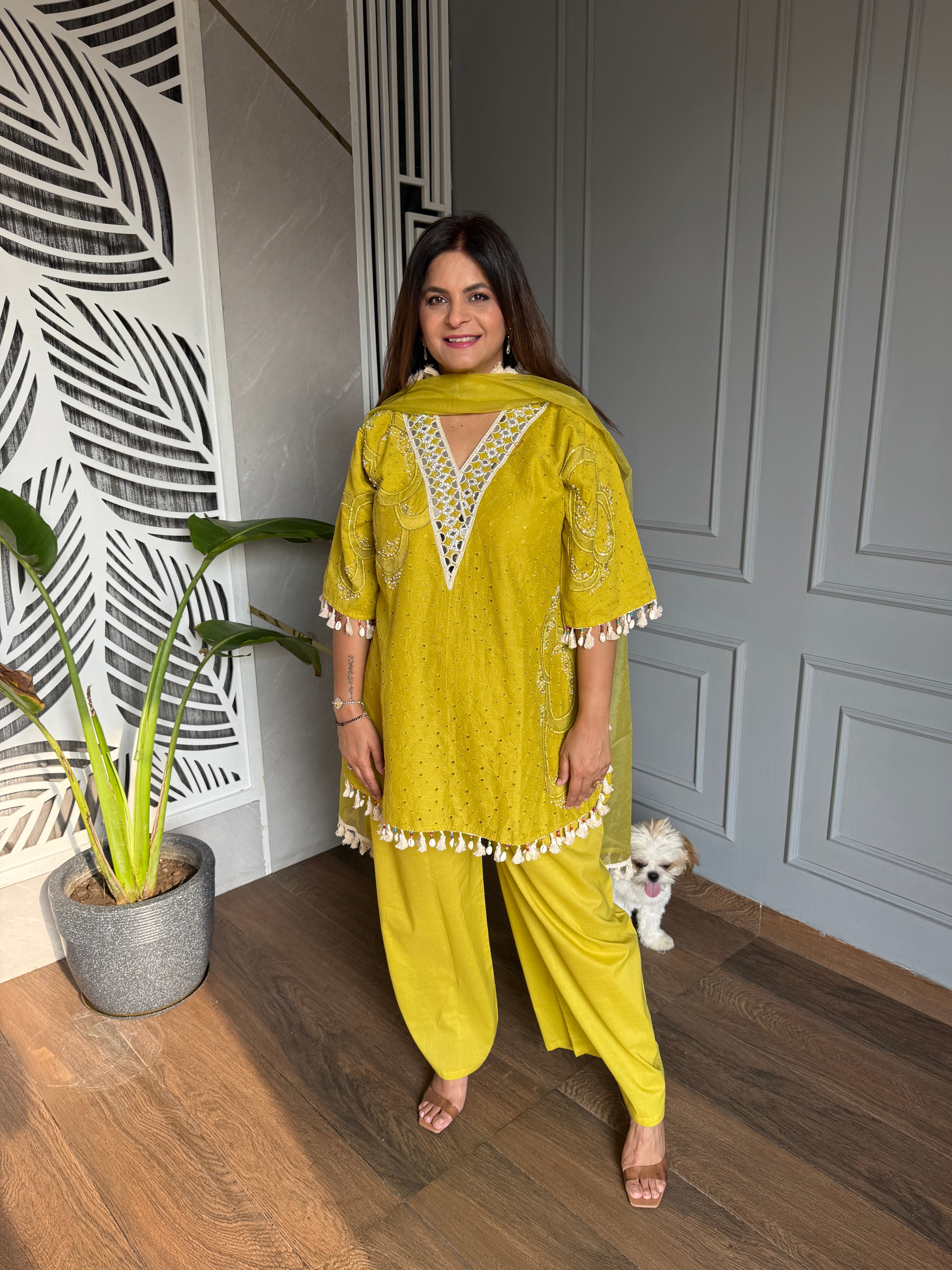 Cotton embroided co-ord set with mirror work and lining on shirt (Gulaab)