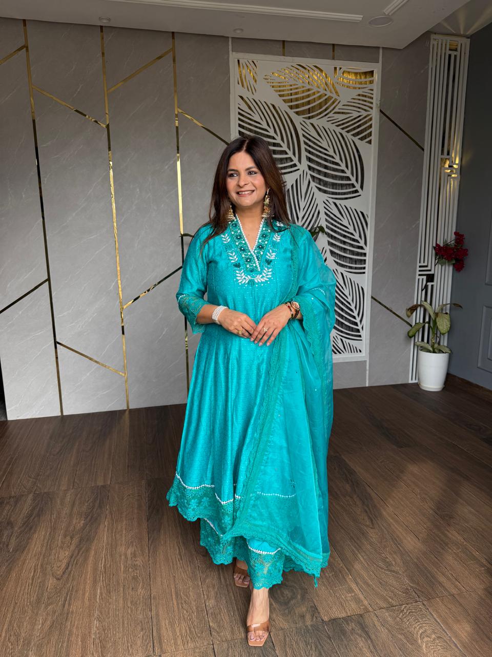 Pakistani cotton suit with organza dupatta