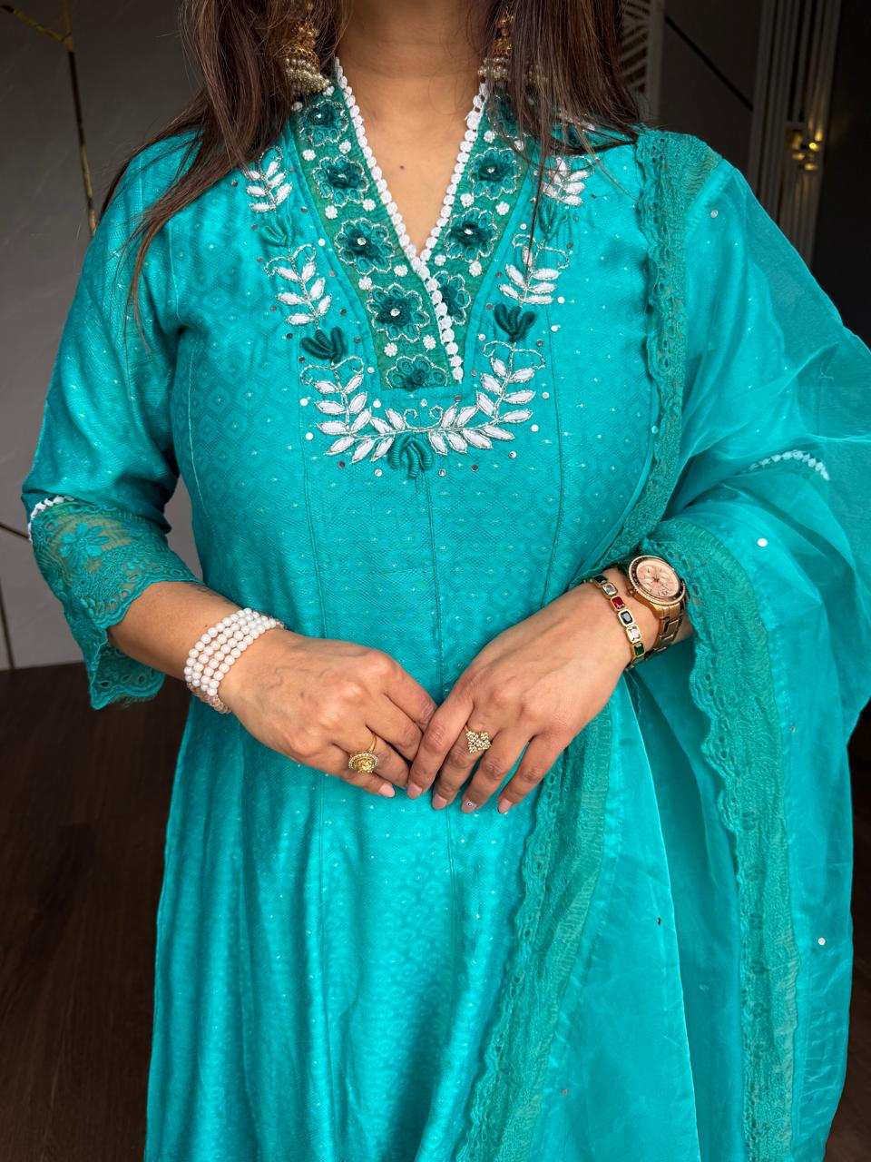 Pakistani cotton suit with organza dupatta