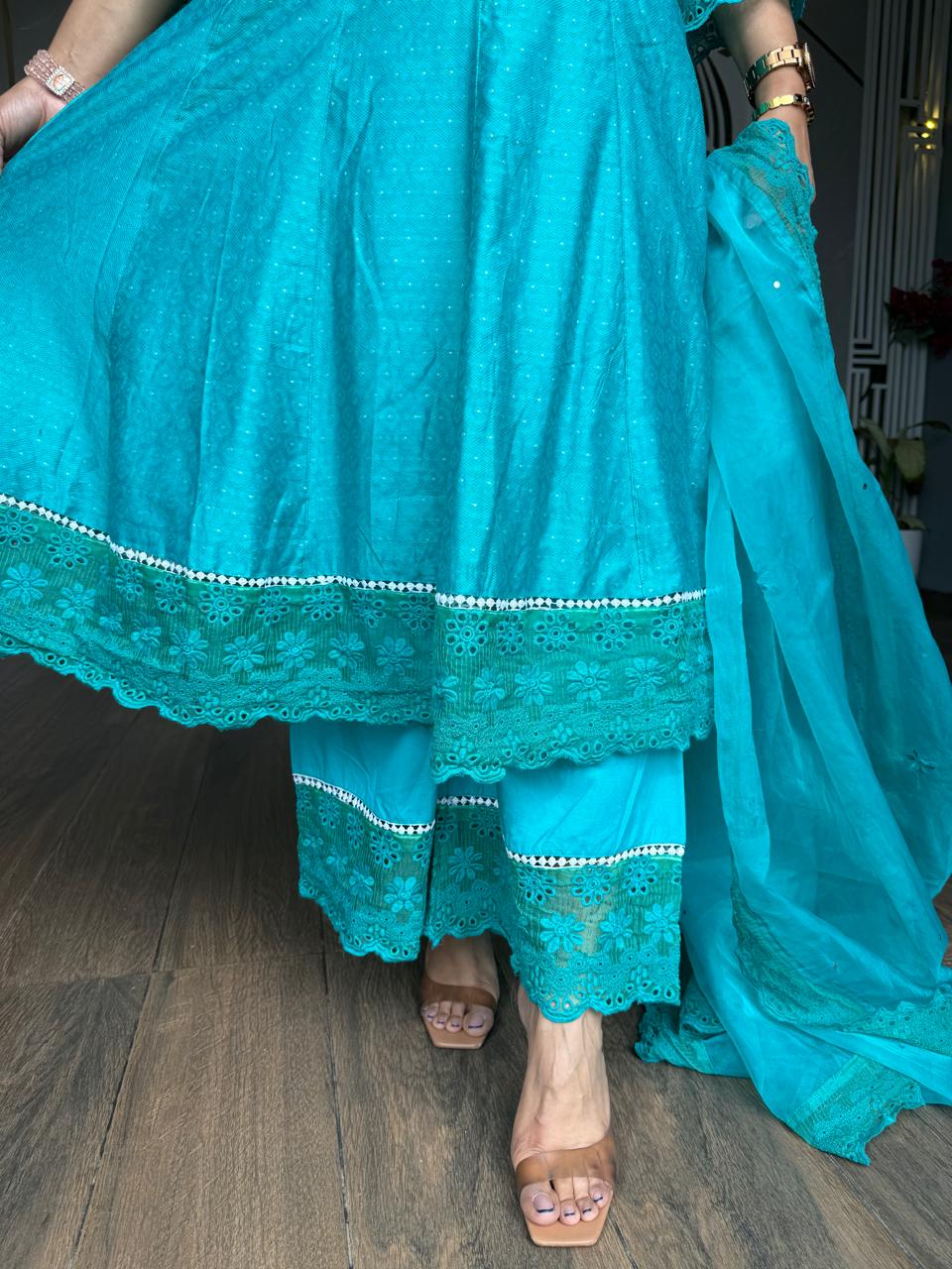 Pakistani cotton suit with organza dupatta