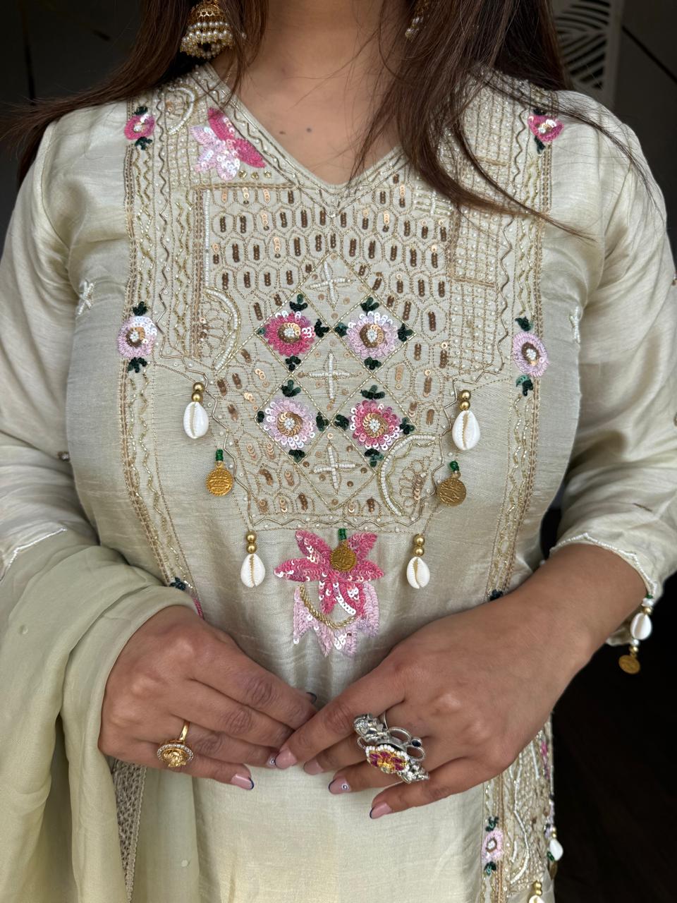 Hand embroided cotton silk suit