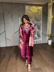 VELVET HAND EMBROIDERY SUIT WITH BANARASI DUPATTA