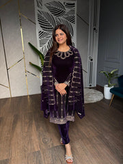 SHIMMER VELVET NECK EMBROIDERY SHAWL SUIT