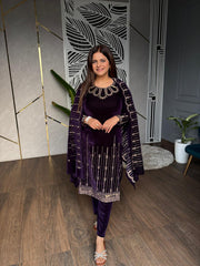 SHIMMER VELVET NECK EMBROIDERY SHAWL SUIT