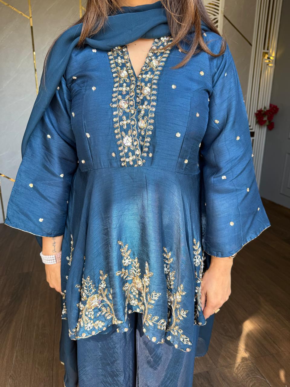 Pure silk peplum sharara suit