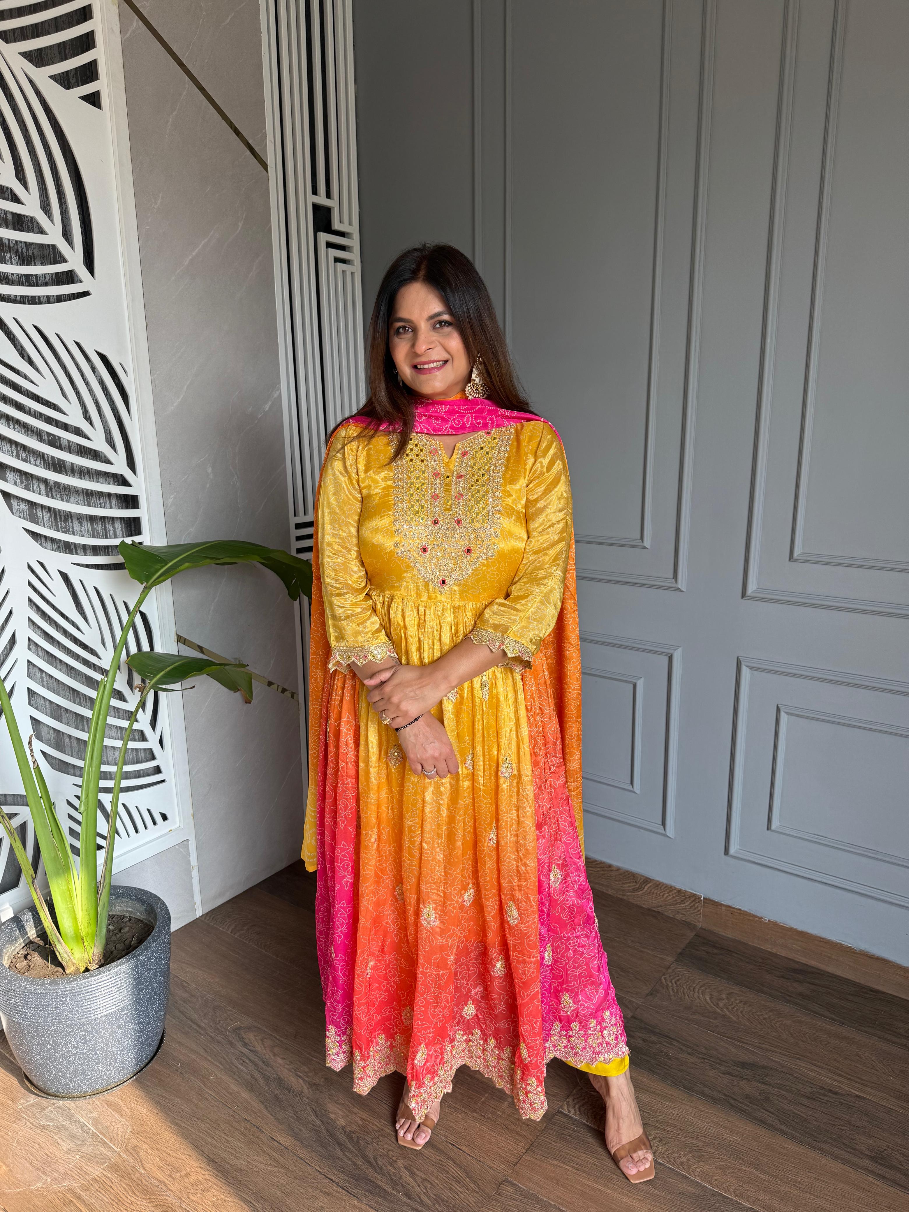 Gorgeous Embroidered Flarred Anarkali Muslin suit with full muslin dupatta (Bandhej)
