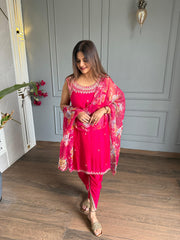 Hand work detailing silk cotton suit with organza scalping dupatta (Radha)