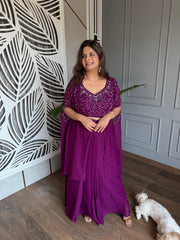 Pleated comfortable skirt with hand embroidered blouse and embroidered cape (Jamun)