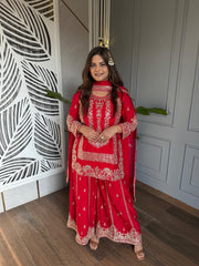 Embroidered Sharara Suit with embroidered Chinnon dupatta (Karwa)