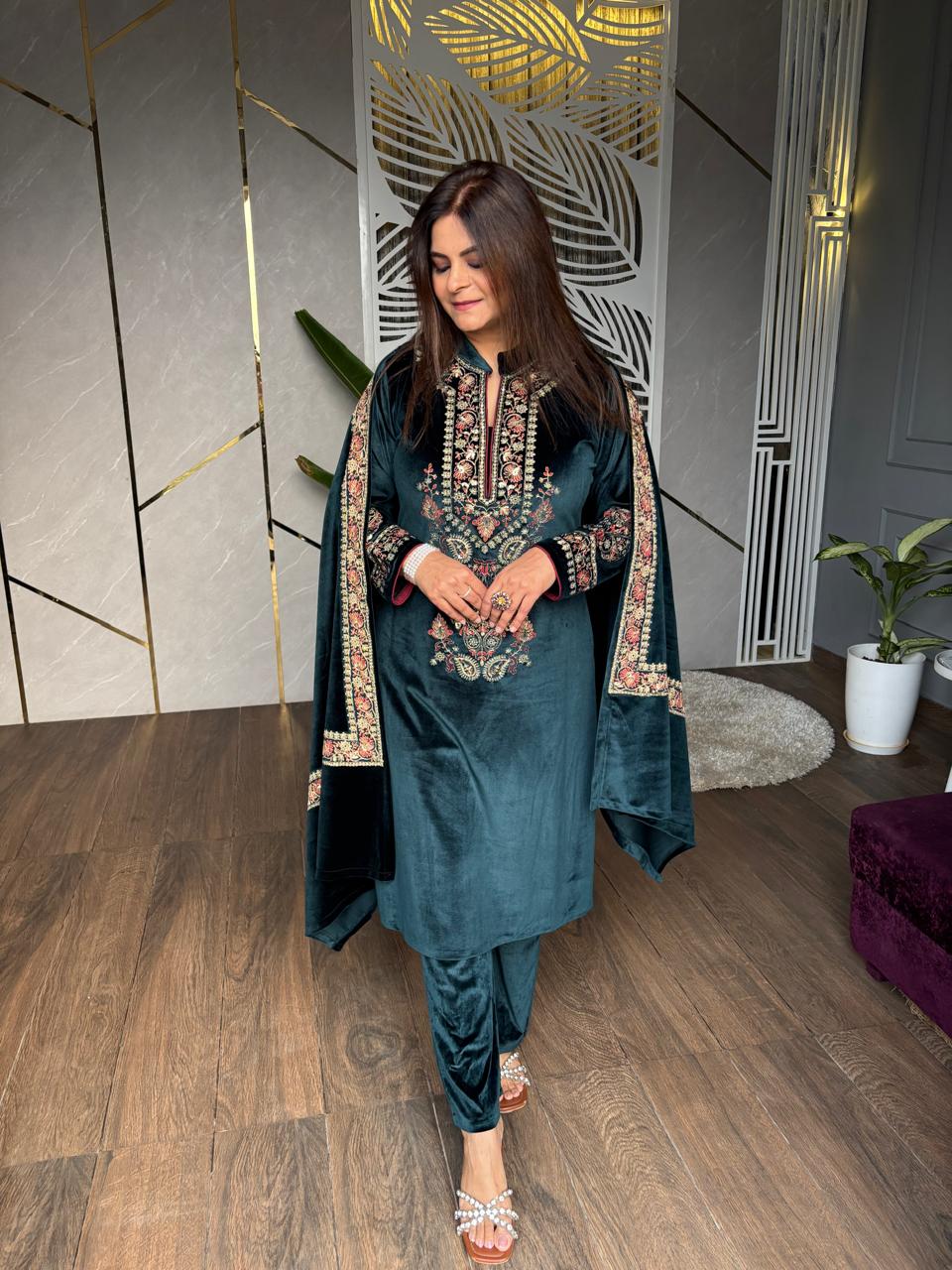 Velvet embroided suit with velvet embroided shawl