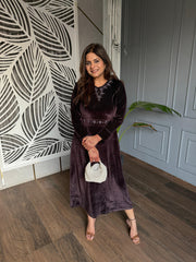 Charvi calf length stretchable velvet embroided dress
